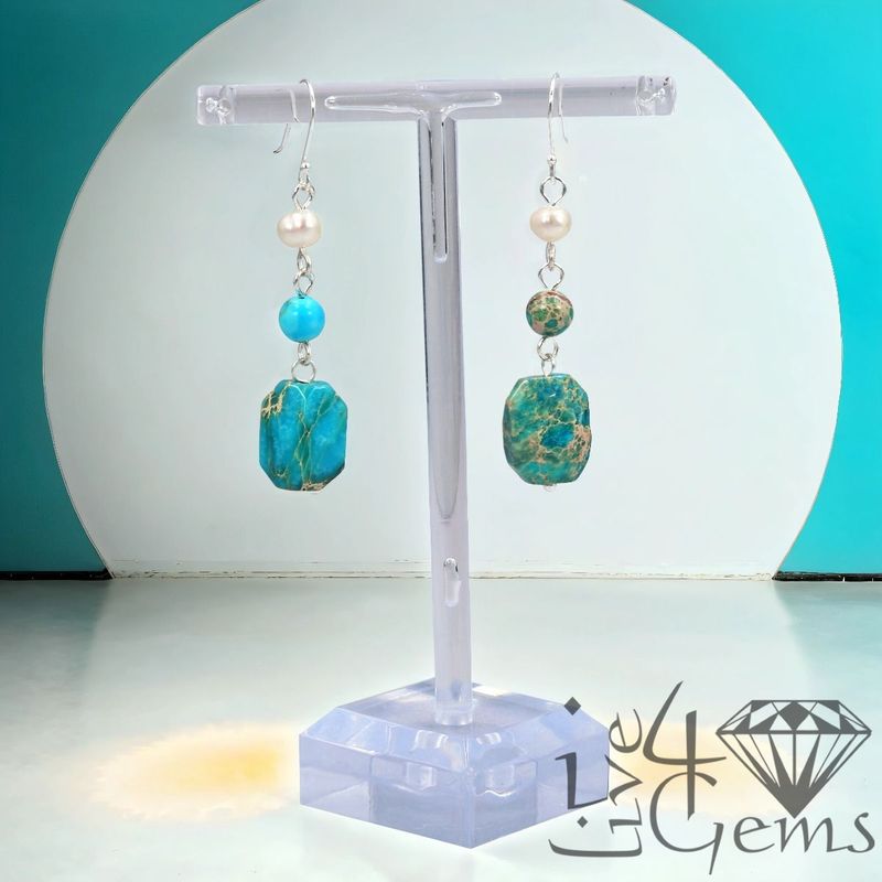 Imperial Jasper and Freshwater Cultured Pearl Gemstone Earrings