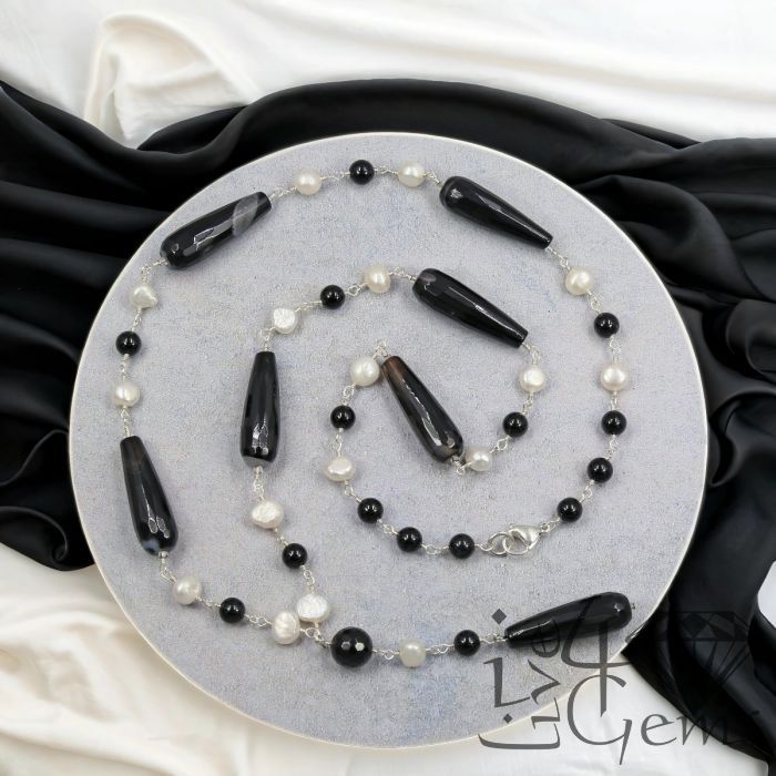 25.5&quot; Black Agate and Cultured Pearl w Onyx Lariat Necklace