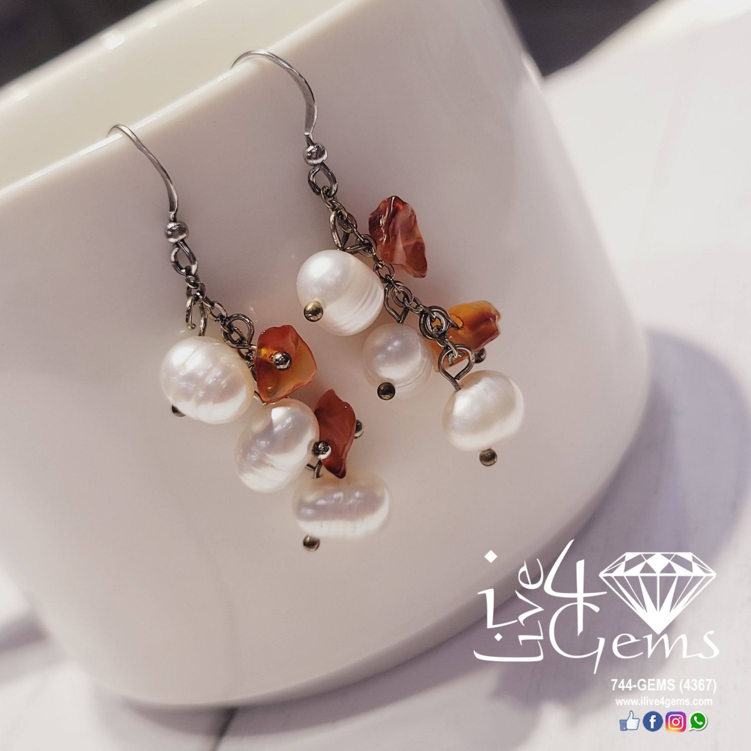 Silver Pearl w Citrine Hanging Earring