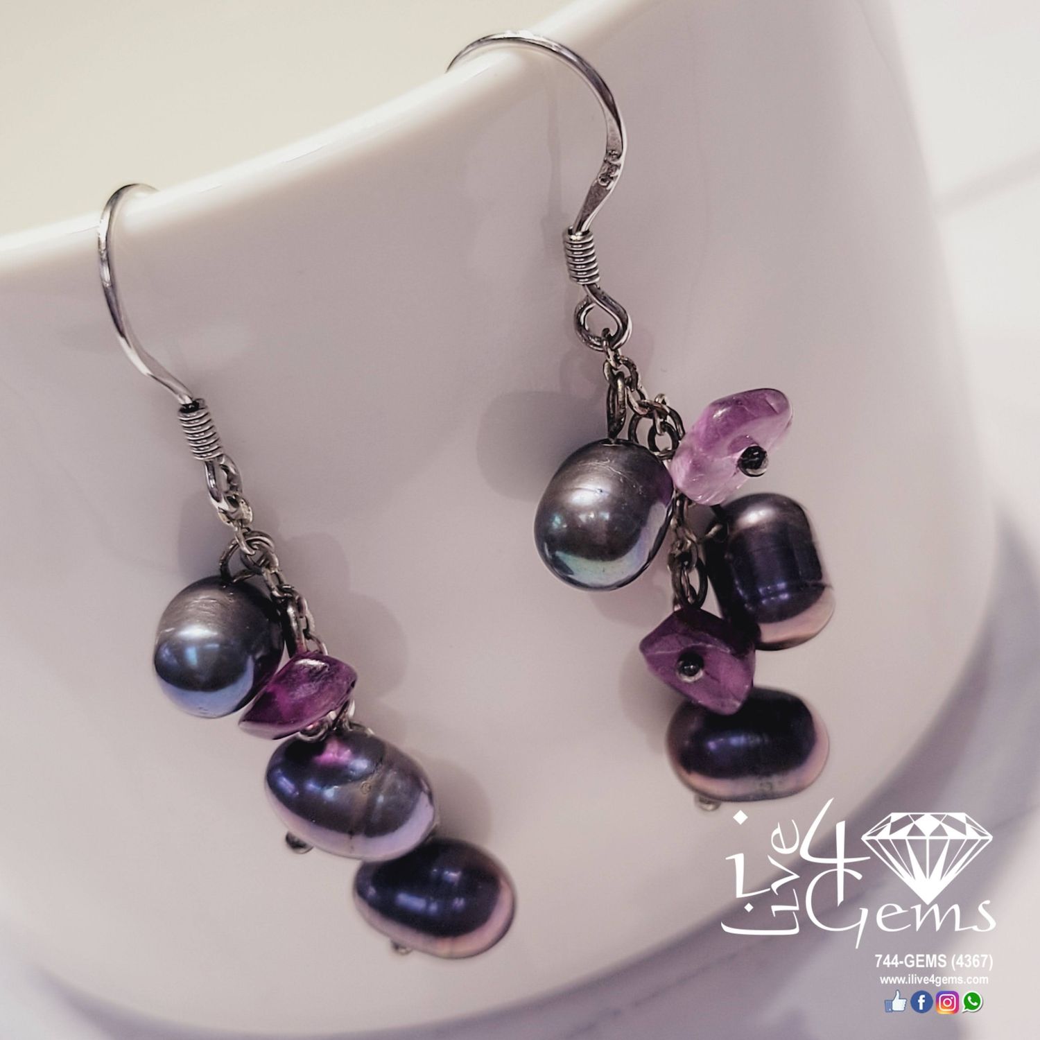 Silver Pearl Peacock w Amethyst Hanging Earring