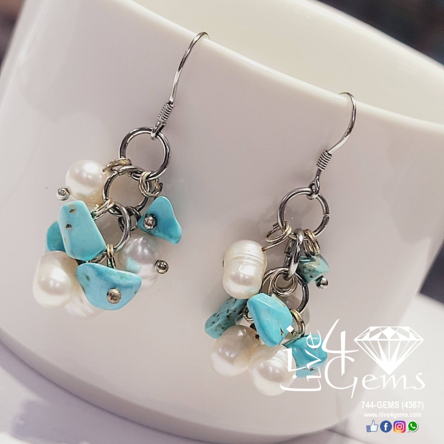 Silver Pearl w Turquoise Cluster Hanging Earring