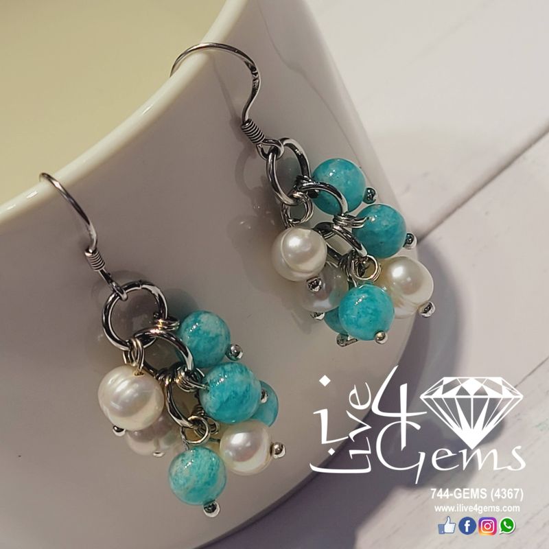 Silver Pearl w Round Agate Clusters Hanging Earring