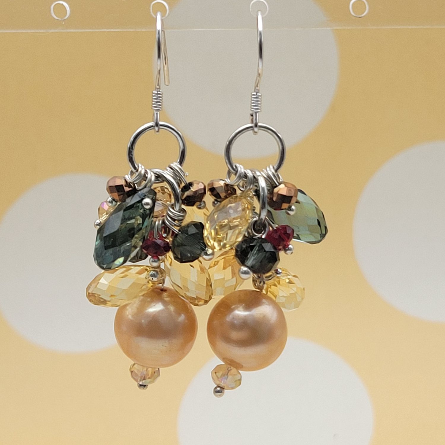 Silver Peach Pearl Green/Yellow Crystal Hanging Earring