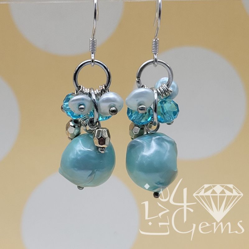 Silver Pearl Baroque Blue Crystal Hanging Earring