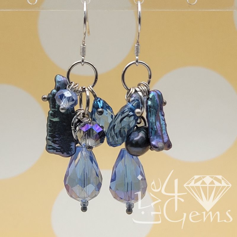 Silver Pearl Peacock Blue Crystal Hanging Earring