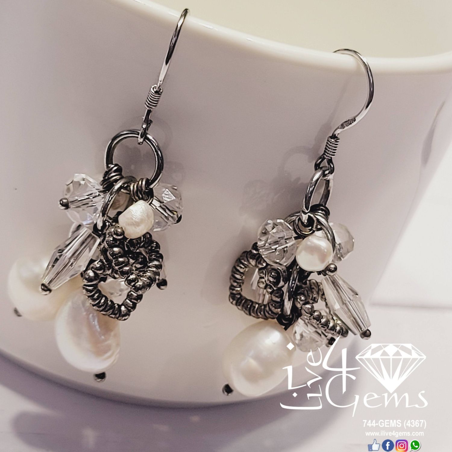 Silver Hearts White Pearl w White Crystal Hanging Earring