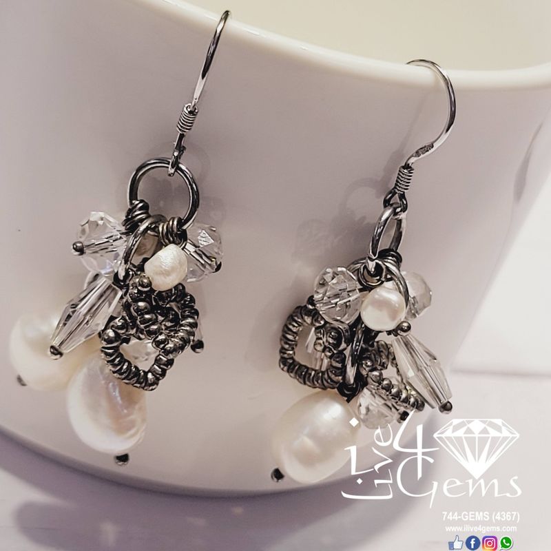Silver Hearts White Pearl w White Crystal Hanging Earring