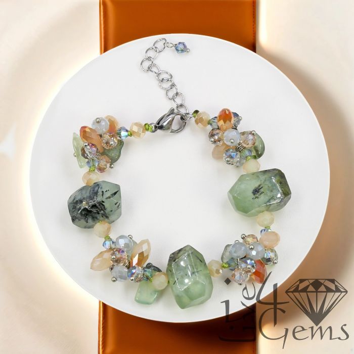 7&quot; Prehnite w Pearls and Crystal Bracelet