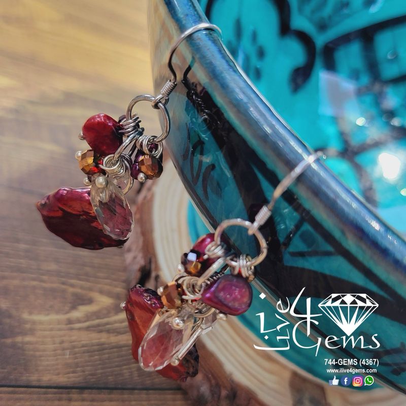 Silver Red Keshi Pearl w White Crystal Hanging Earring