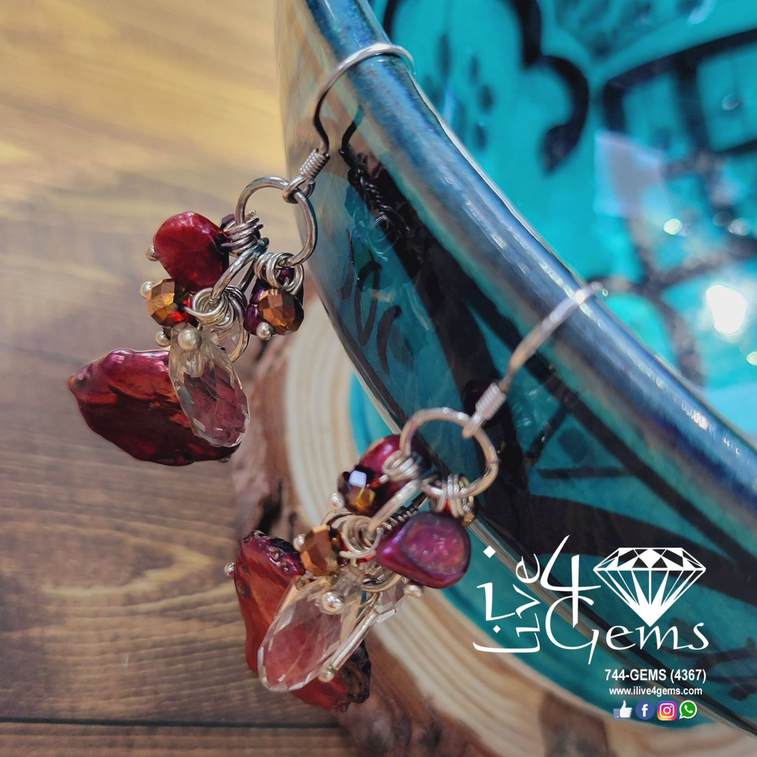 Silver Red Keshi Pearl w White Crystal Hanging Earring