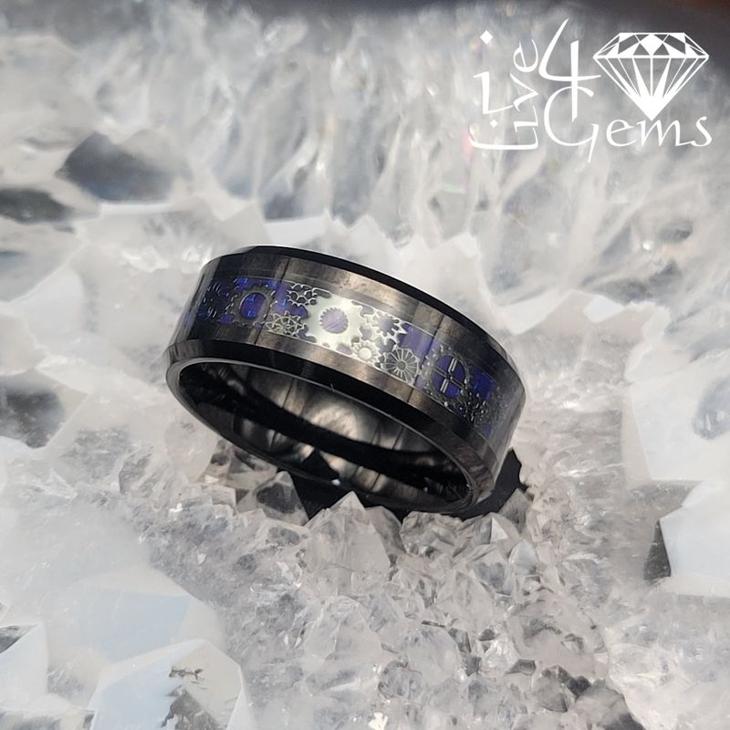 Tungsten Carbide Gold Cog Black Band