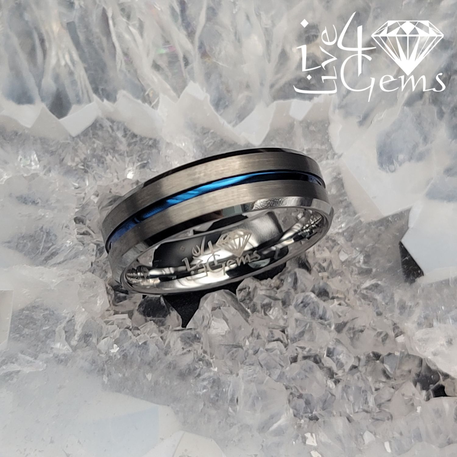 Tungsten Carbide 6mm Brushed Silver w Blue Line Band