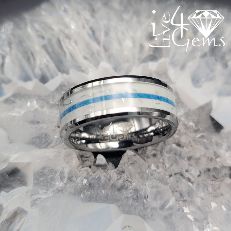 Tungsten Carbide Blue Opal Inlay Silver Band