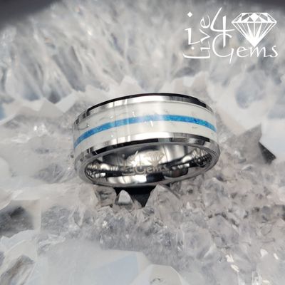 Tungsten Carbide Blue Opal Inlay Silver Band