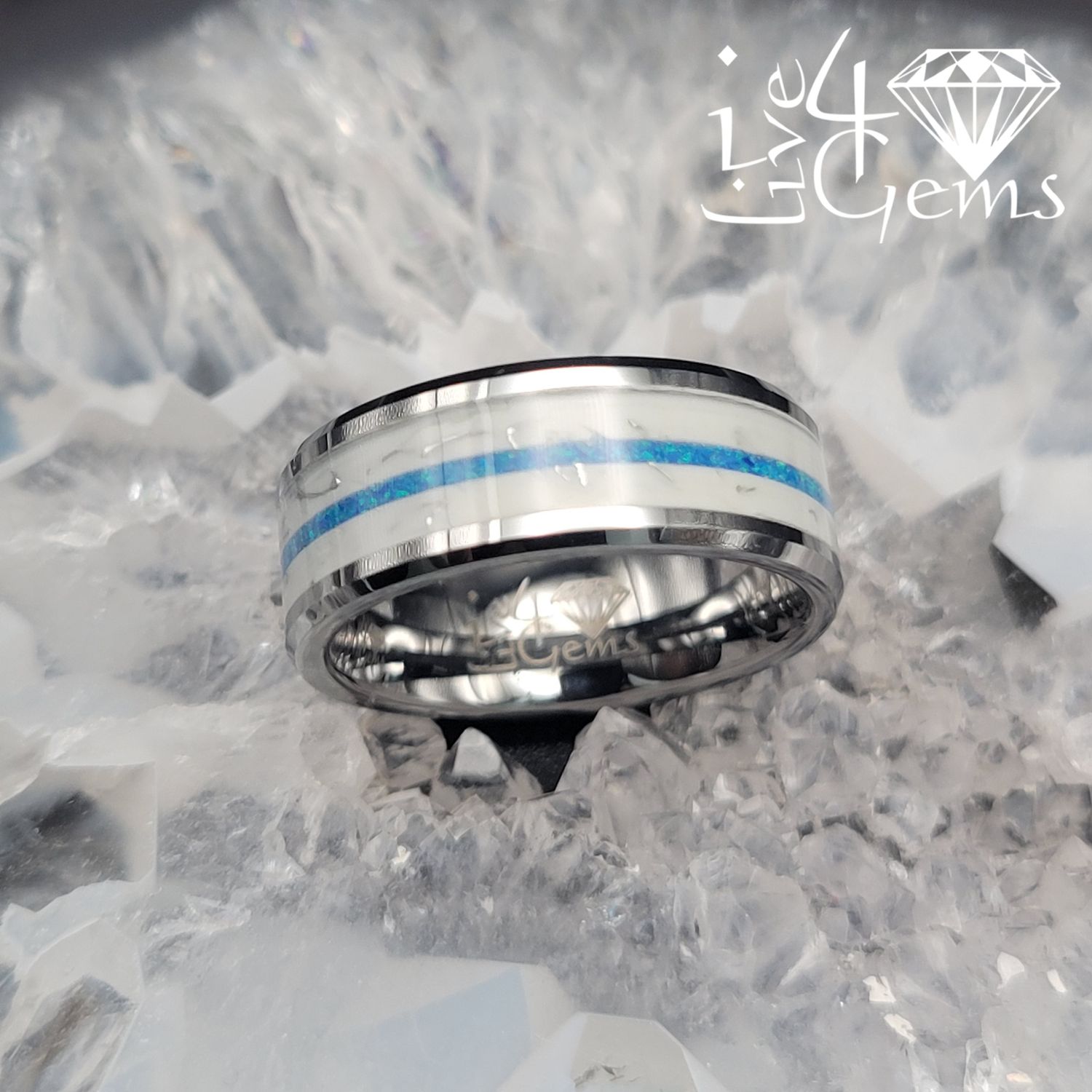 Tungsten Carbide Blue Opal Inlay Silver Band