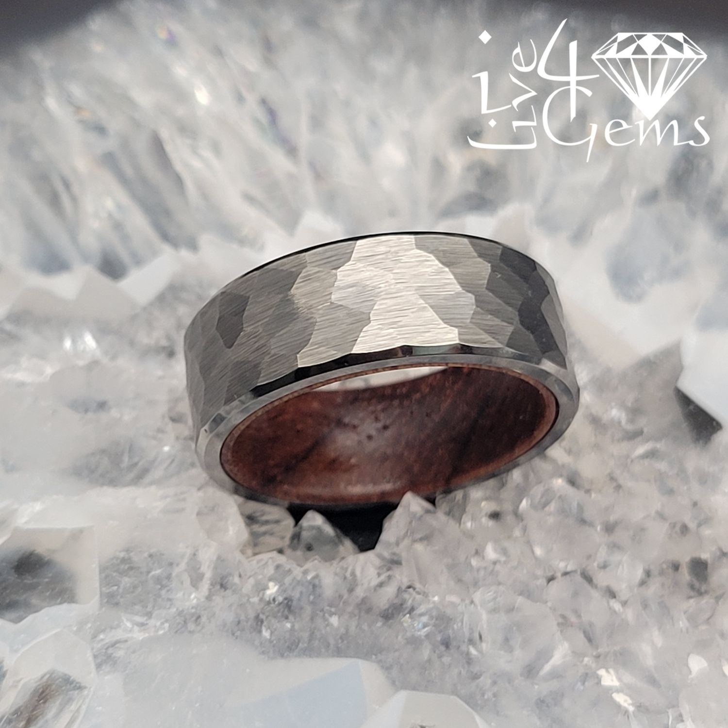Tungsten Carbide Silver Hammered Wooden Inlay Band