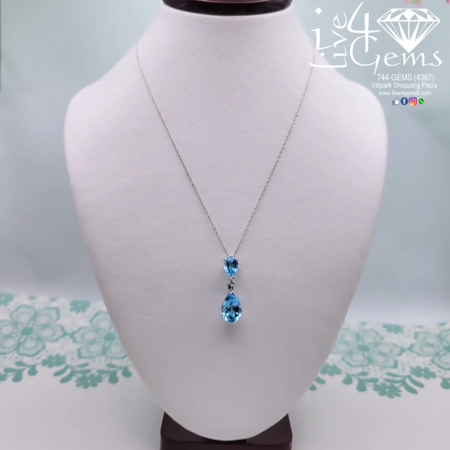 10kty 0.08 Dia Blue Topaz Drop Pendant w Chain