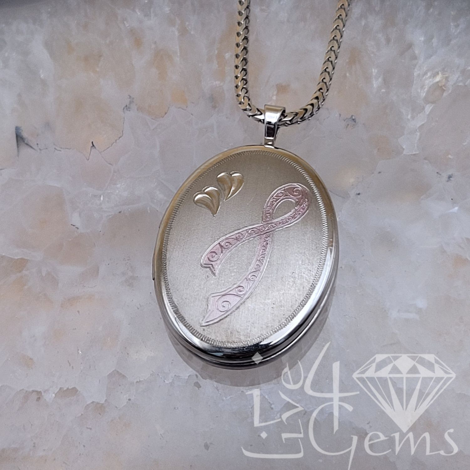 Oval Shaped Locket w Chain w Pink Ribbon w Chain