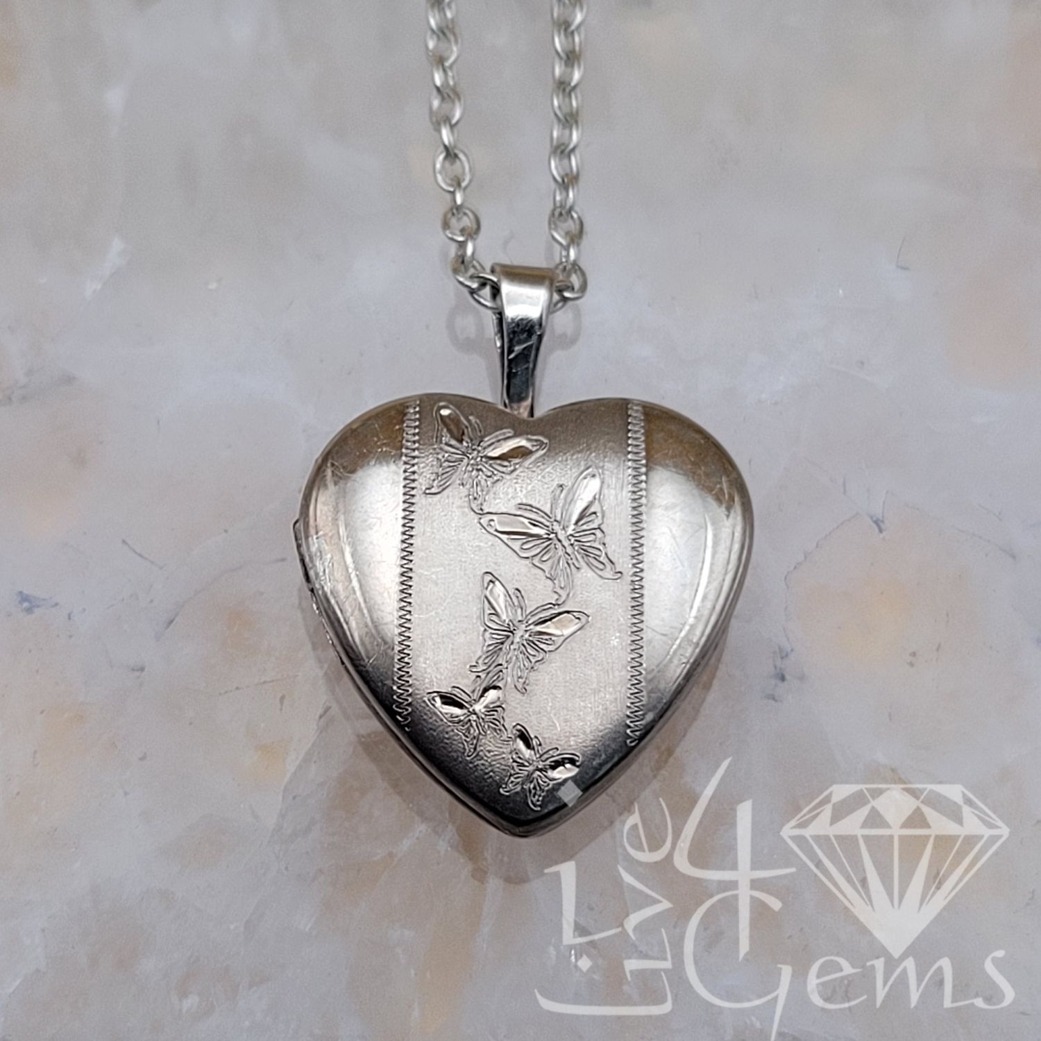 Silver Heart Shaped Locket w Butterflies w Chain