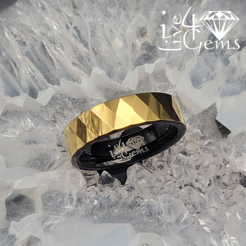 Tungsten Carbide 6mm Gold Diamond Cut w Black Inlay Band