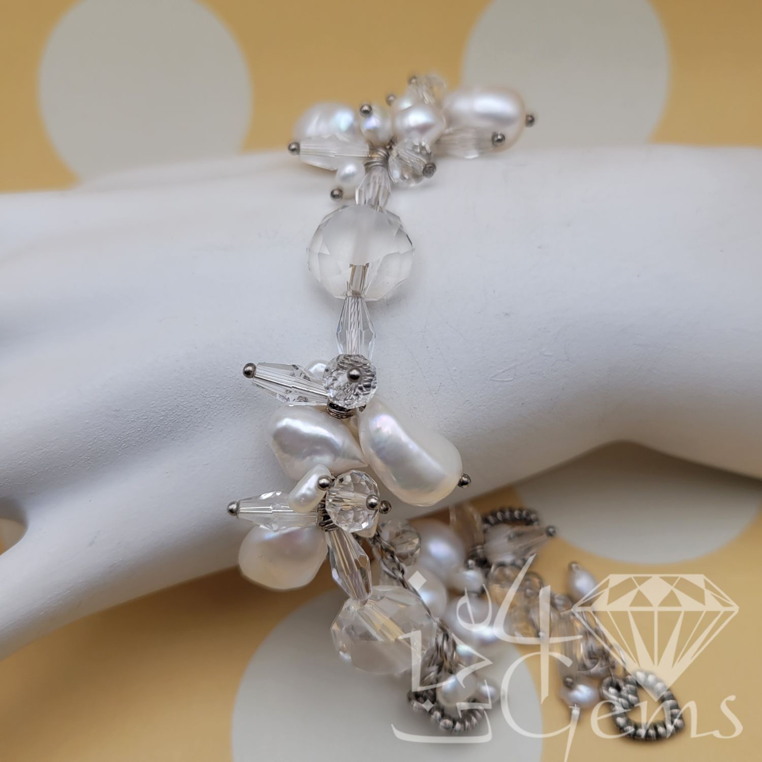 Silver Hearts White Pearl w White Crystal Bracelet