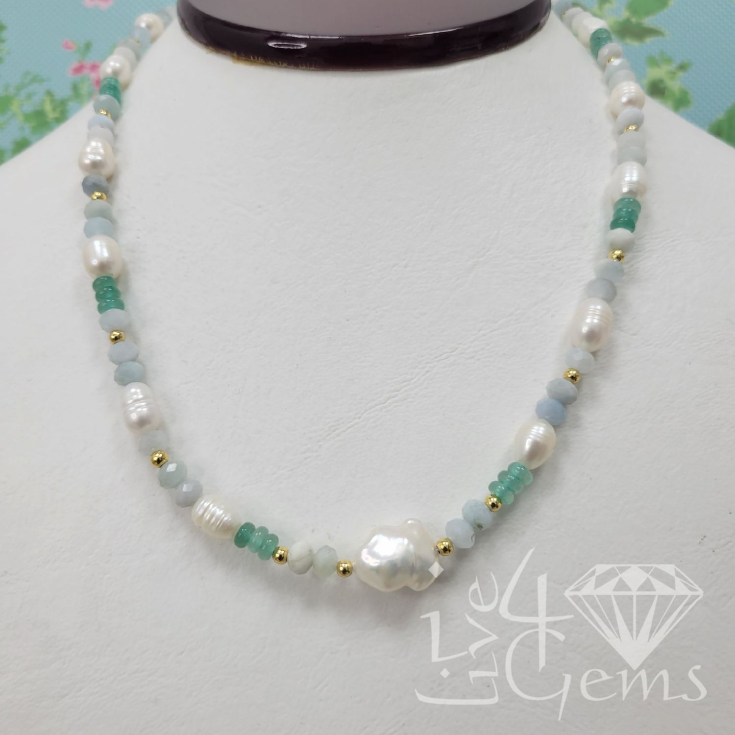 17.5&quot; Aquamarine Quartz w Aventurine Beads and Freshwater Pearl Necklace