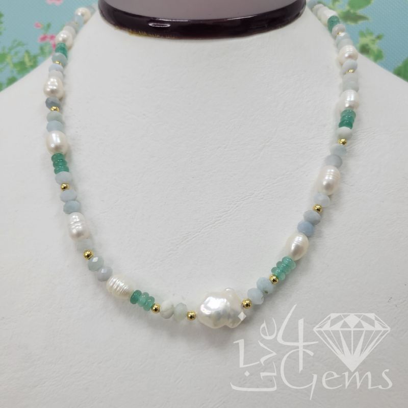 17.5&quot; Aquamarine Quartz w Aventurine Beads and Freshwater Pearl Necklace