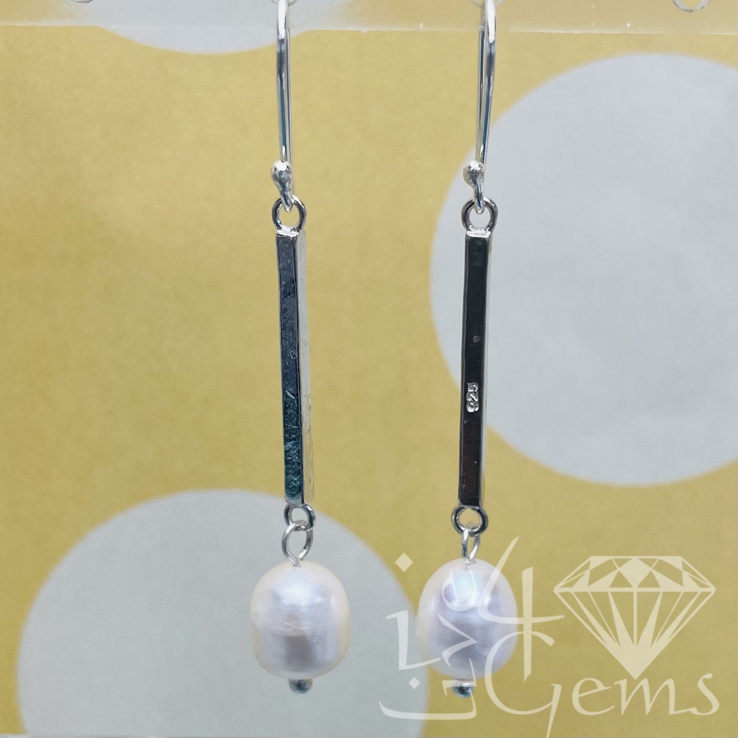 Silver Bar Linear Pearl Drop Gemstone Earring