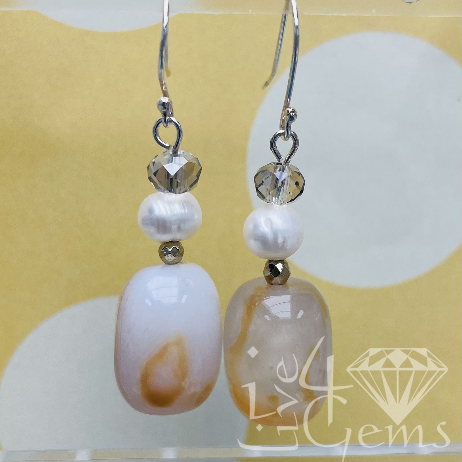 Barrel Shaped Agate/Pearl  Drop Gemstone  Earrings
