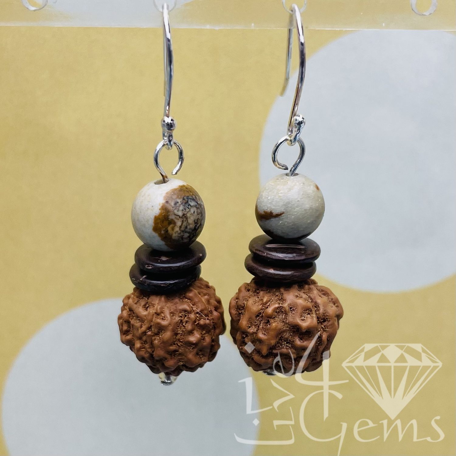 Rudraksha w Jasper Drop Down Gemstone Earrings