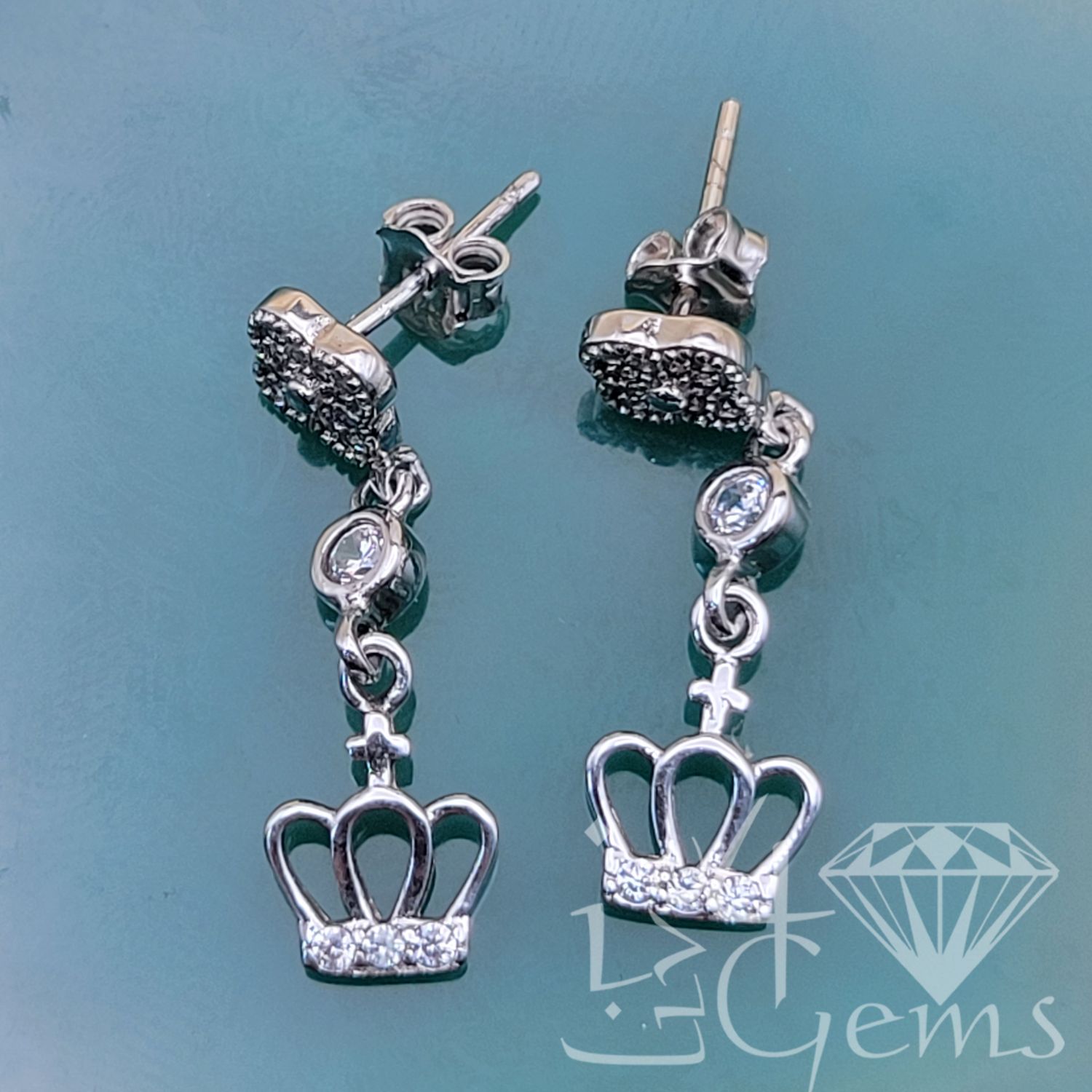 Silver Hanging Crown Cz Earring