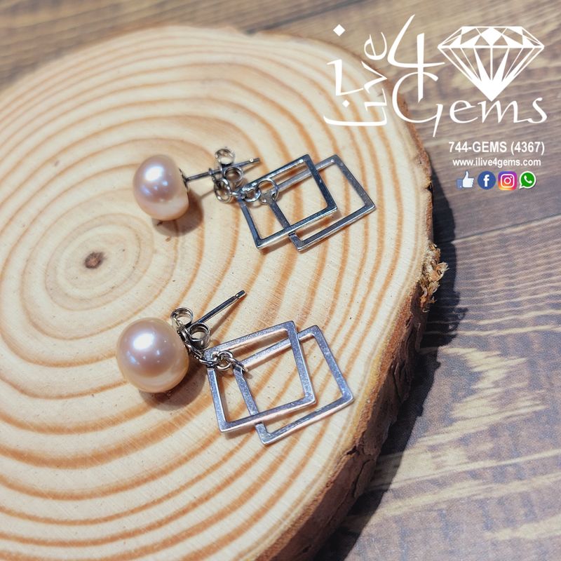 Silver Peach Pearl Dangling Diamond Shaped Earrings
