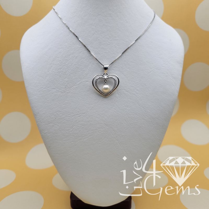 Silver Heart Dangling Pearl Pendant w Chain