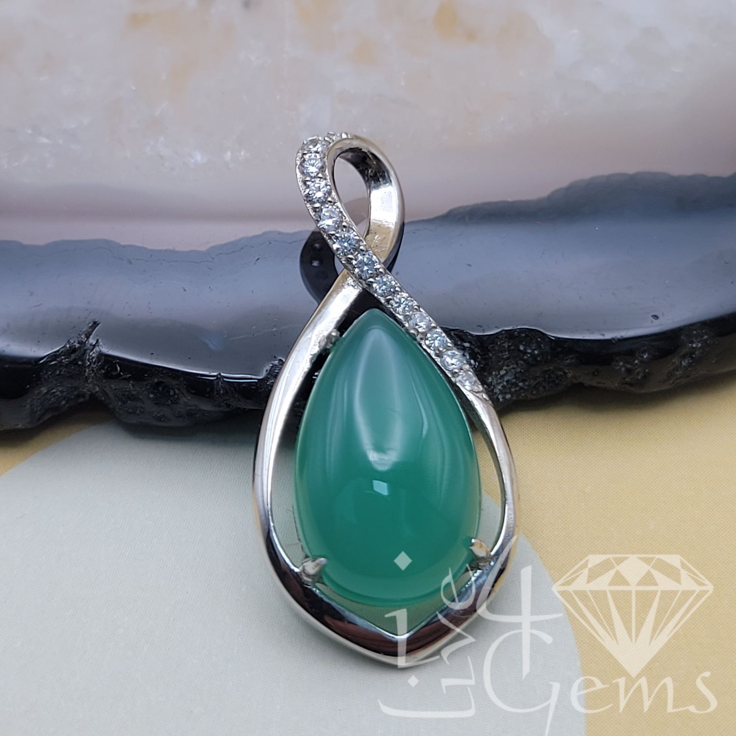 Silver Jade Teardrop Cz Pendant