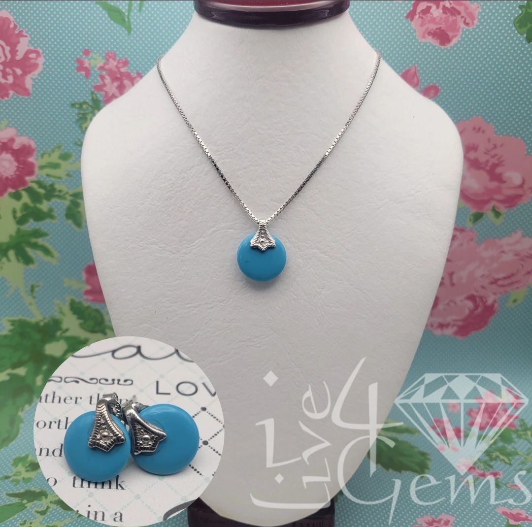 Silver Round Turquoise Box Chain Necklace and Earring Set