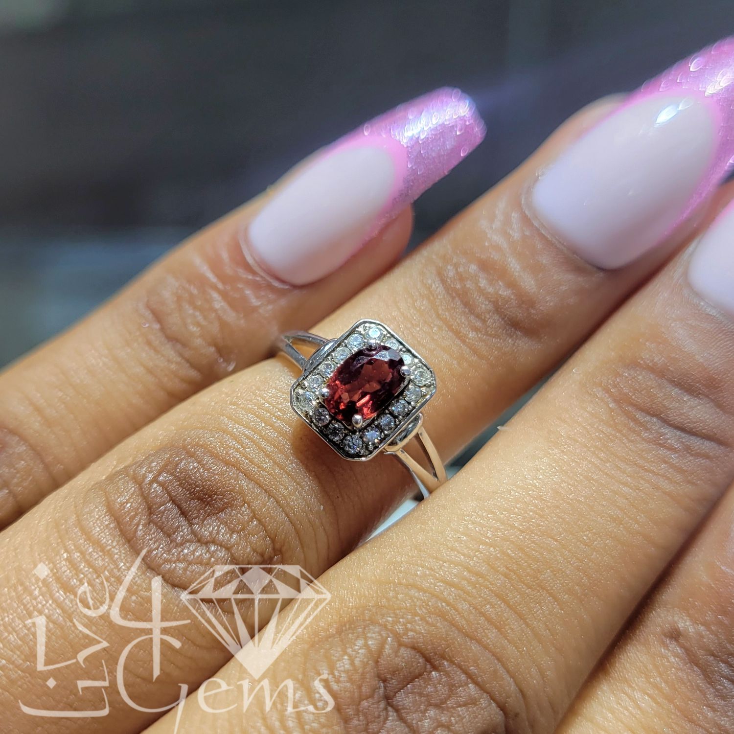Silver Raised Garnet w CZ Halo Adjustable Ring