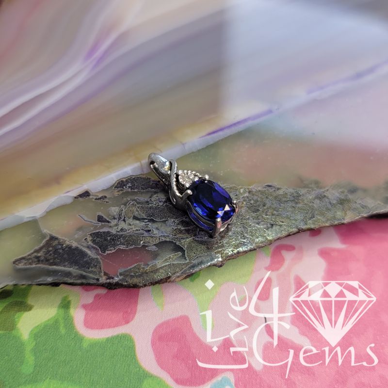 Silver Oval Sapphire w Dia Pendant