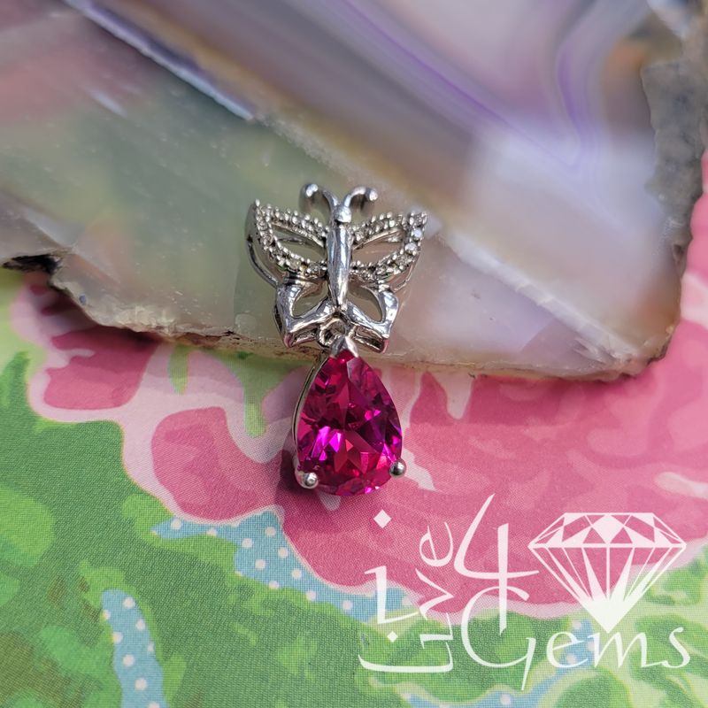 Silver 3/4ctw Pink Sapphire 1/12lab dia Butterfly Pendant w Chain