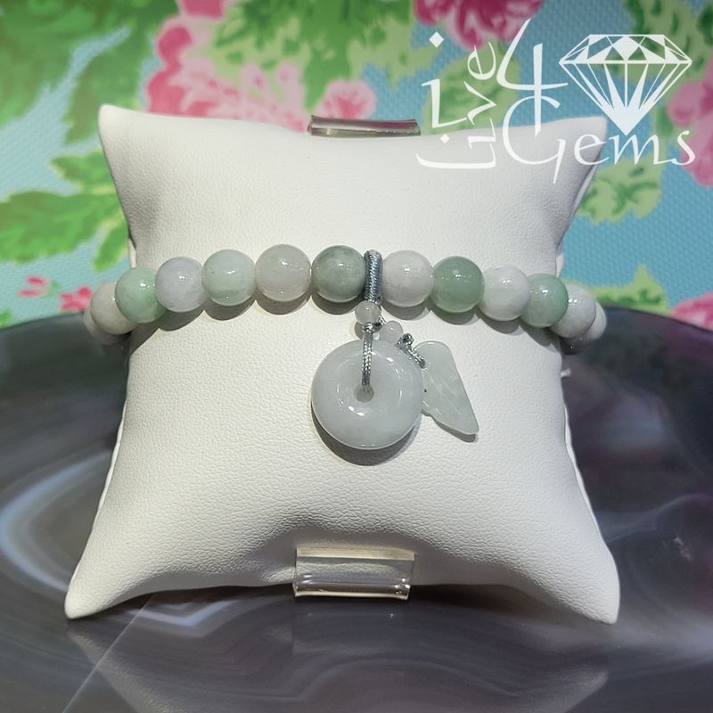 Jade 7mm Bracelet Lucky Donut and Leaf Charm