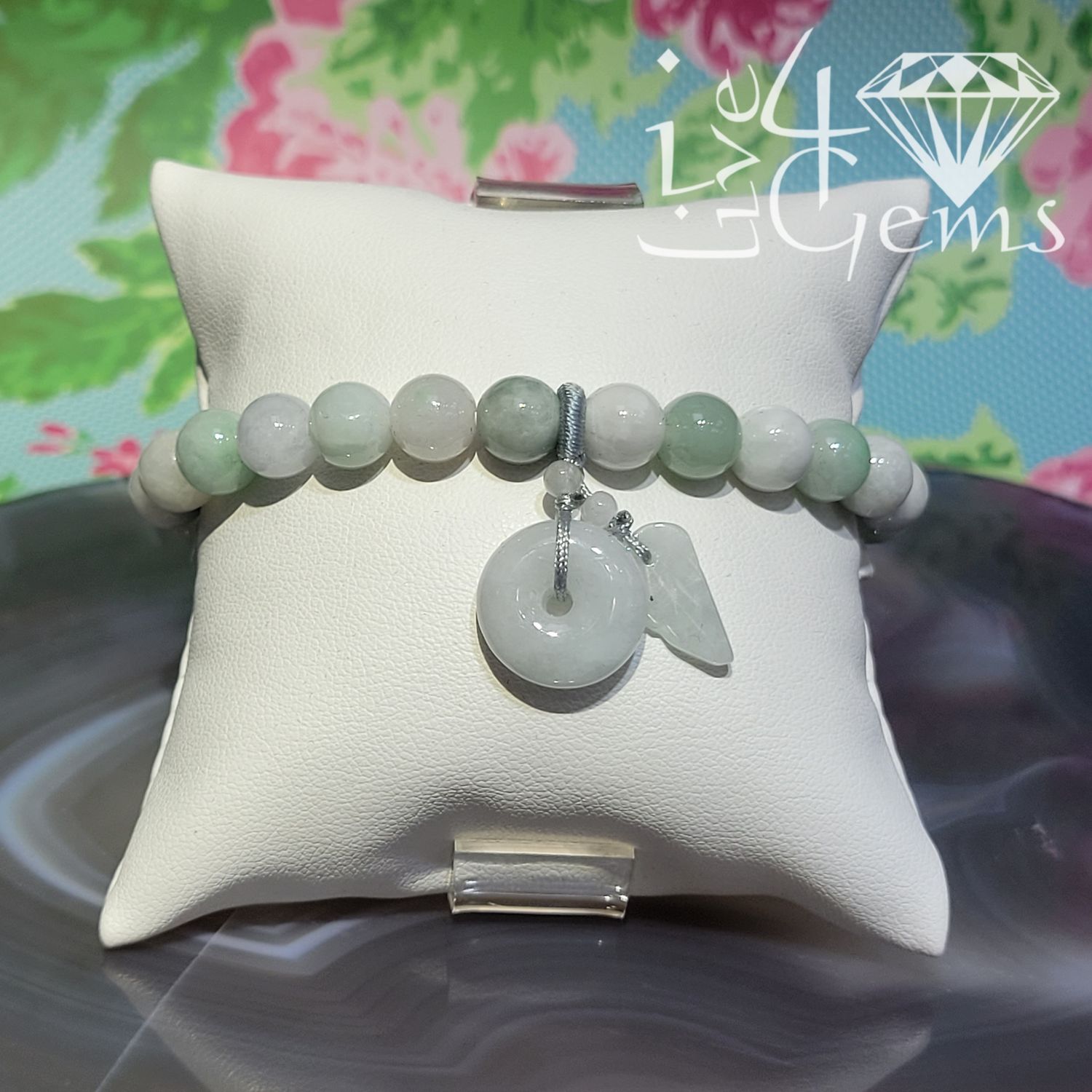Jade 7mm Bracelet Lucky Donut and Leaf Charm