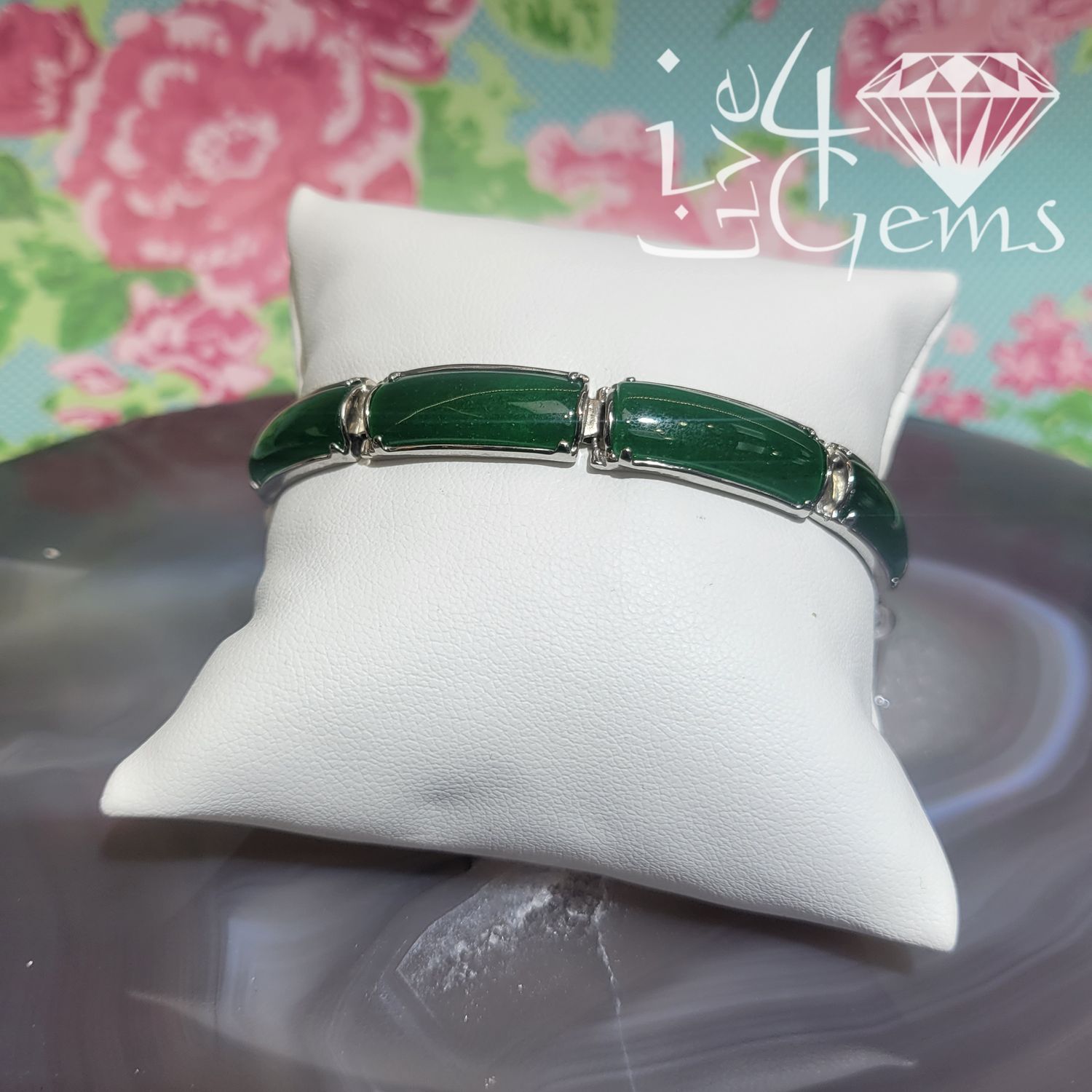 Silver Green Jade Hinged Bracelet Large
