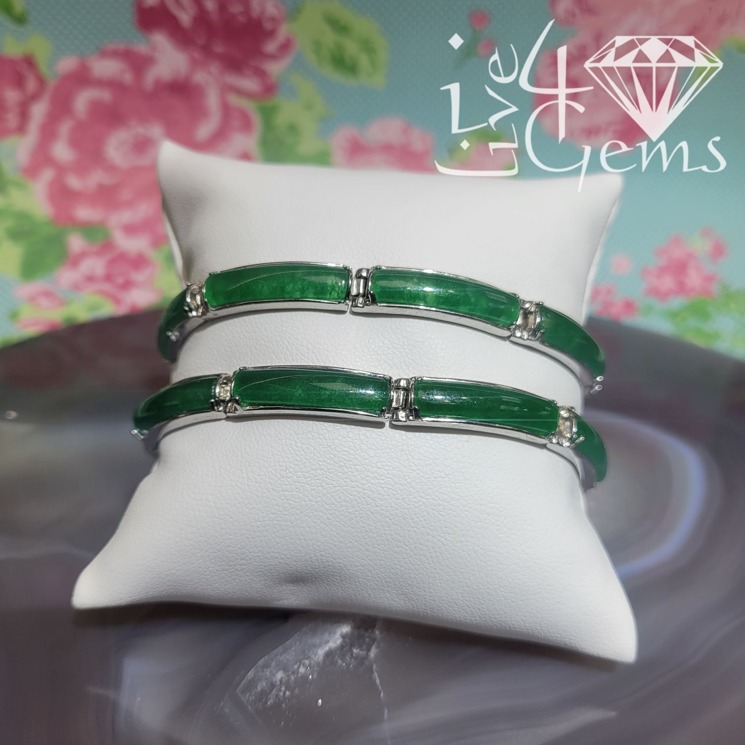 Silver Green Jade Hinged Bracelet Small