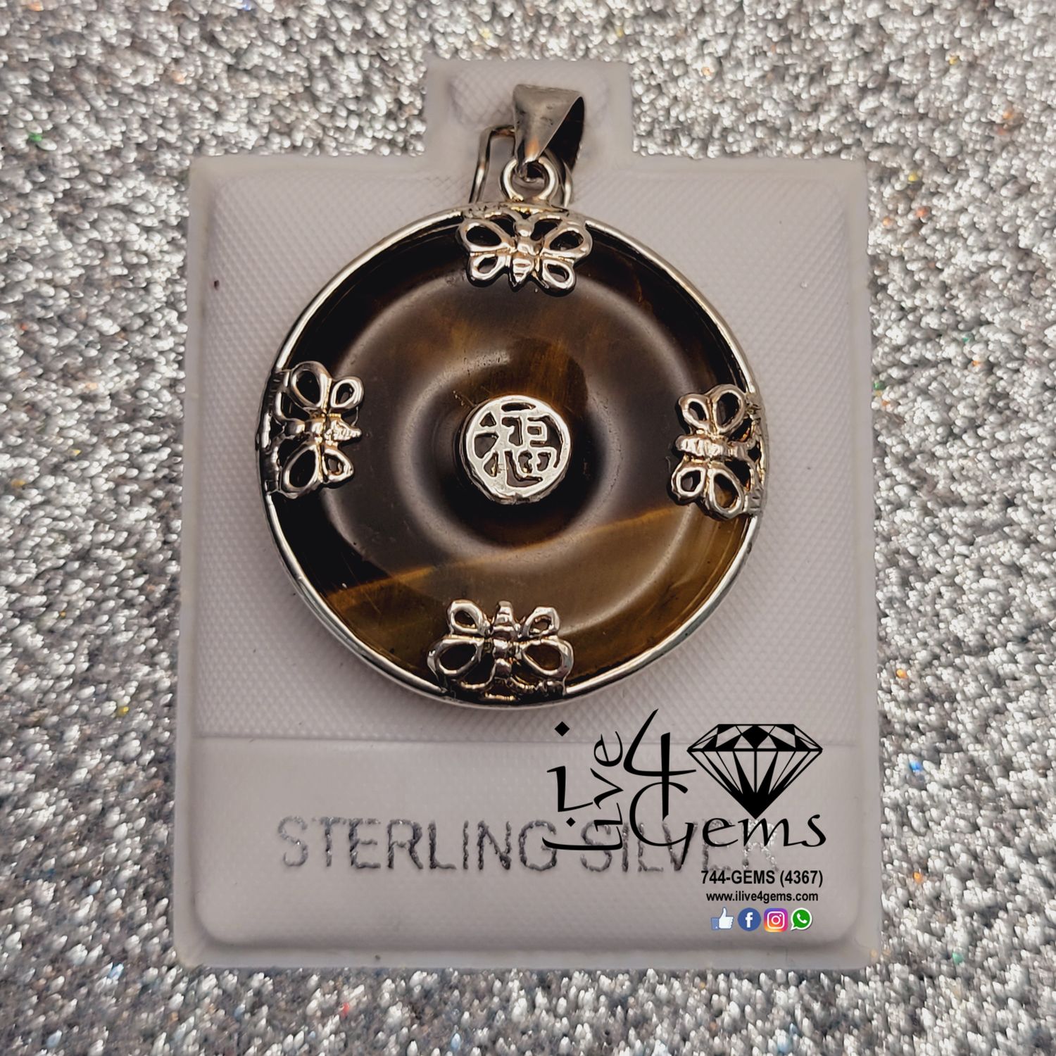 Silver Butterfly Good Luck Pendant/Chain Tiger&#39;s Eye
