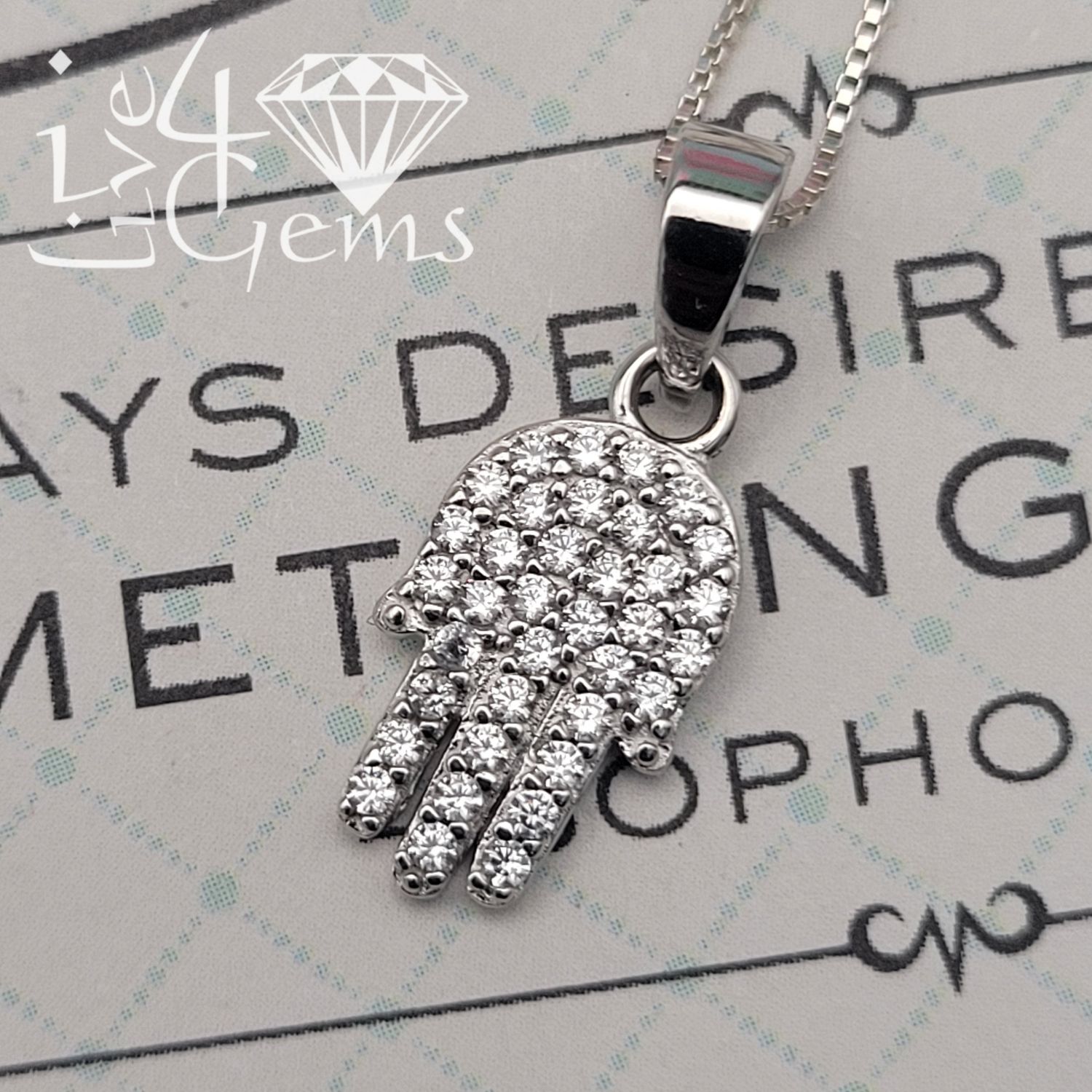 Silver Clear Cz Hamsa Pendant w Chain