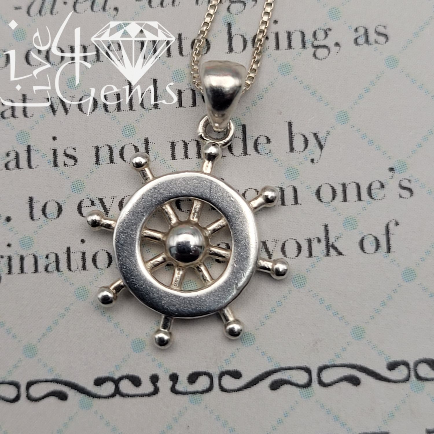 Silver Captain Wheel Pendant w Chain