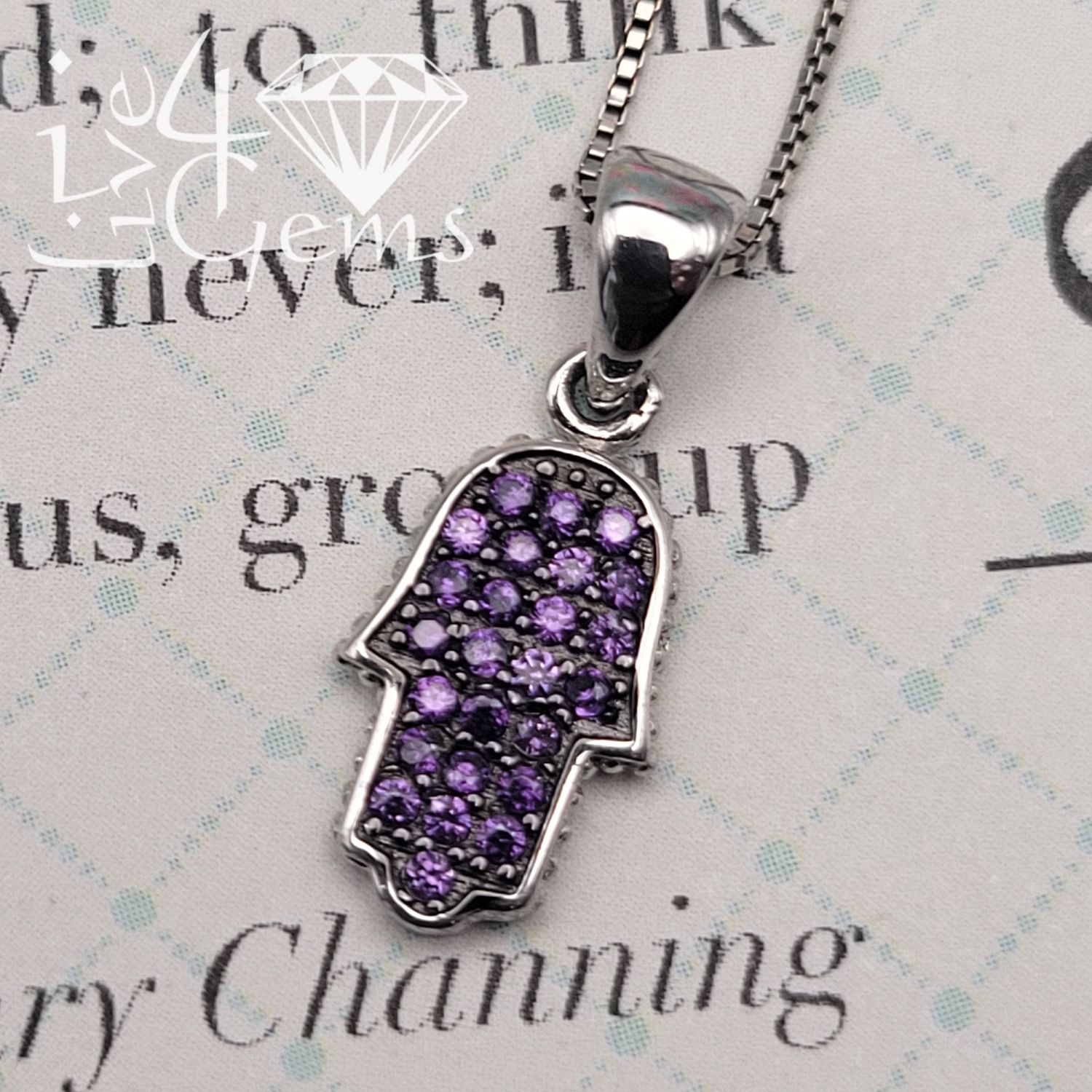 Silver Purple Cz Hamsa Pendant w Chain