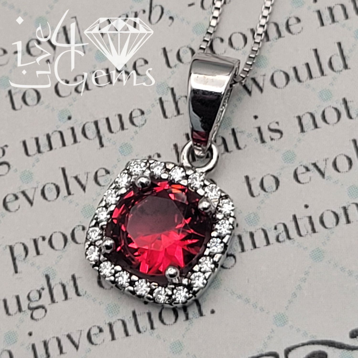 Silver Red Cz Square Halo Necklace Earring Set