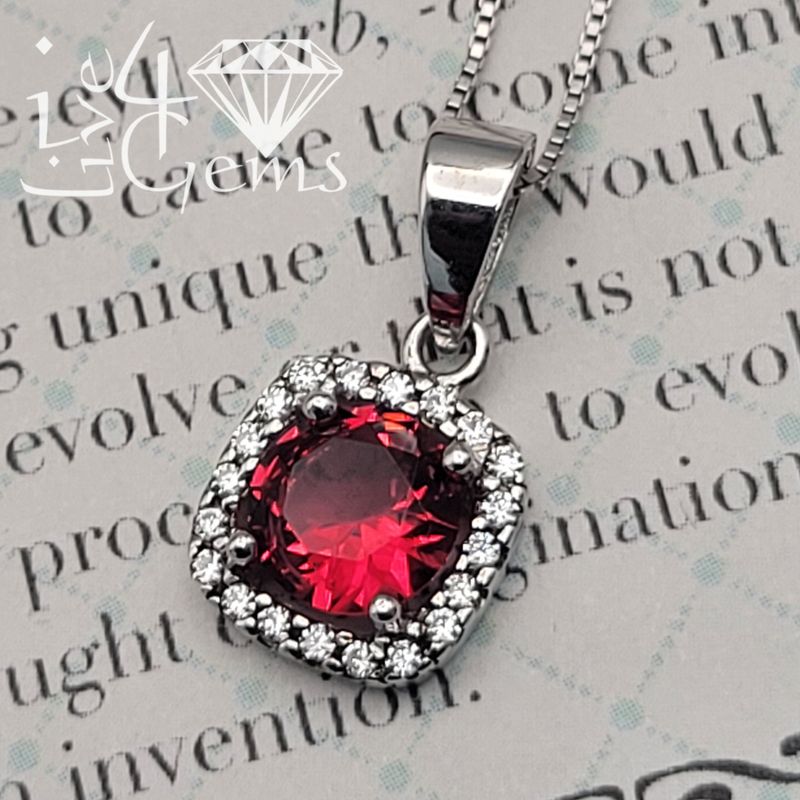 Silver Red Cz Square Halo Necklace Earring Set