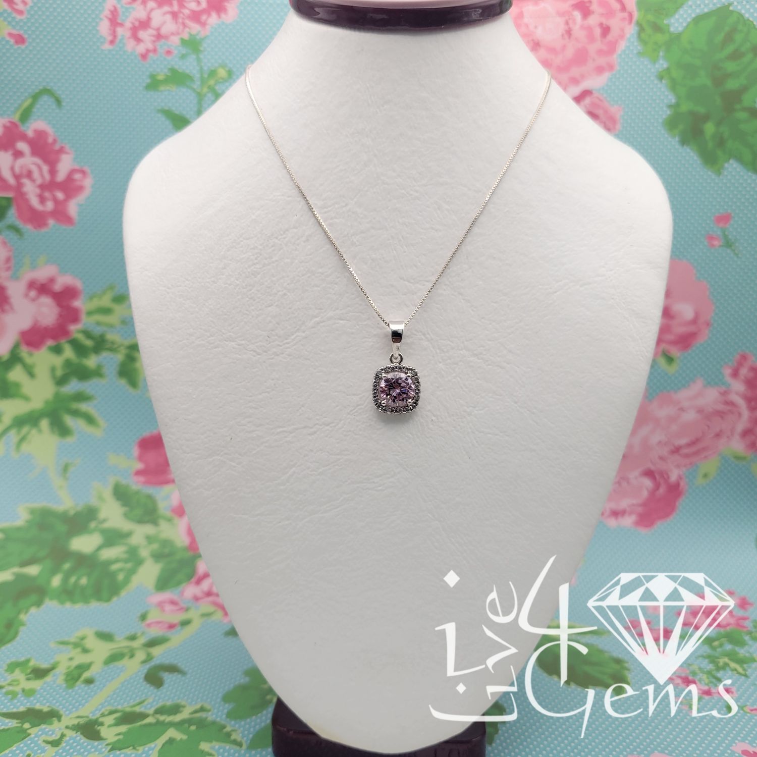 Silver Pink Cz Square Halo Necklace Earring Set