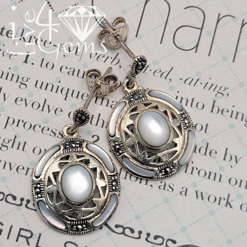 Silver Vintage Marcasite Mother of Pearl Set